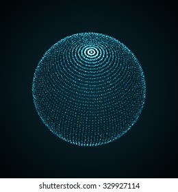 3D illuminated sphere of glowing particles. Futuristic vector illustration. HUD element. Technology concept