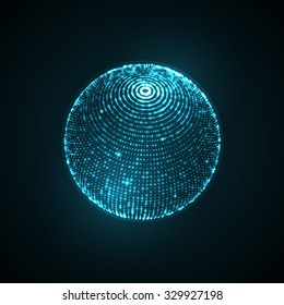 3D illuminated sphere of glowing particles and wireframe. Futuristic vector illustration. HUD element. Technology concept