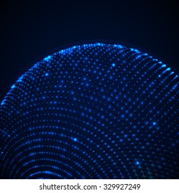 3D illuminated sphere of glowing particles and wireframe. Futuristic vector illustration. Hi-tech abstract background. Technology concept