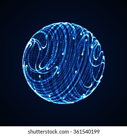 3D illuminated sphere of glowing particles. Futuristic vector illustration. HUD element. Technology concept
