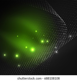 3D illuminated wave of glowing particles. HUD design element. Technology digital splash concept