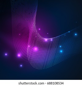 3D illuminated wave of glowing particles. HUD design element. Technology digital splash concept