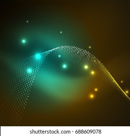 3D illuminated wave of glowing particles. HUD design element. Technology digital splash concept