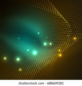 3D illuminated wave of glowing particles. HUD design element. Technology digital splash concept