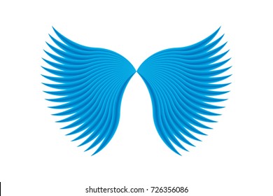 3D illusion of blue angel gradient wings. Wings have many feathers. Complex artwork.