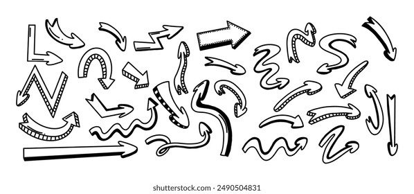 3d illusion hand-sketched arrow icons in monochrome. Set of vector illustrations featuring arrows drawn in sketch-style emphasizing dimensional appearance