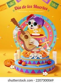 3d illustrated beautiful skeleton playing guitar on a stage with festive decoration and petals flying around. In yellow background setting with papel picado.