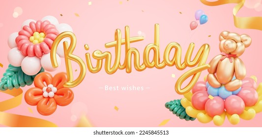 3D illustrated birthday banner. Beautiful flowers, bear and birthday balloon art on pink background with confetti and ribbon.