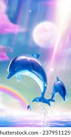 3D illustrated bottlenose dolphins jumping upon water on dreamy neon sky background with rainbow.