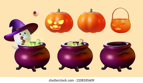 3d ilustró adorables elementos de halloween aislados en un fondo beige. Fantasma con sombrero de bruja que agita una olla con brea, olla con y sin brea, calabazas de linternas y globo ocular.