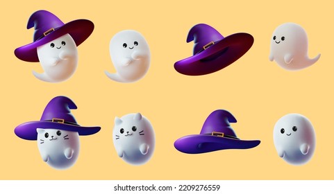 3d ilustró lindos fantasmas de halloween aislados en un fondo amarillo. Incluyendo fantasmas con y sin sombreros de bruja y fantasmas con y sin sombreros de bruja.