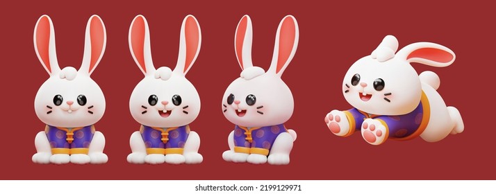 3d illustrated cute rabbits wearing traditional costume in different expressions and poses isolated on red background.