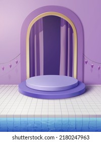 3d illustrated dreamy purple product display stage with arch and curtain against purple wall decorated with gem garland by tiled pool