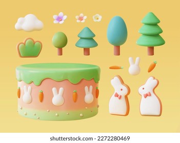 Elemento de Pascua ilustrado 3D aislado en fondo amarillo claro. Incluyendo nube, flores, árboles, zanahoria, pastel de capa y galletas de azúcar en forma de conejo.