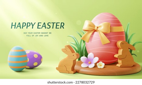 3D illustrated Easter poster. Giant painted egg with bow on wooden stage with rabbit ornament on apple green background.