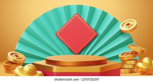 3d illustrated golden and red hexagon product display podium on bronze background. Teal asia paper fan in the back with some gold ingots and coins decoration on the side.