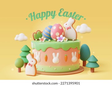 3D illustrated happy Easter poster. Layer cake with painted egg, bunny sugar cookie, and carrot, rabbit head buttercream decorations on light yellow background.