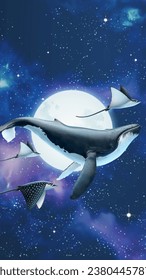 3D illustrated humpback whale and stingrays flying through beautiful cosmos with sliver moon.