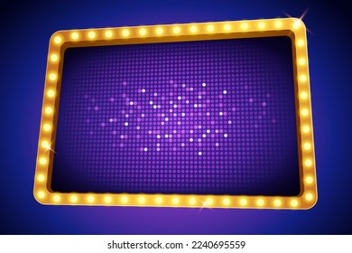 3D Illustrated LED projection screen with gold light bulb frame isolated on navy blue background.