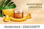 3D illustrated realistic moisturizing cream jar display on round pineapple slice with wedge, half circle shape ones around. Tropical leaf in the back on beige background.