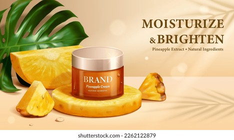 3D illustrated realistic moisturizing cream jar display on round pineapple slice with wedge, half circle shape ones around. Tropical leaf in the back on beige background.