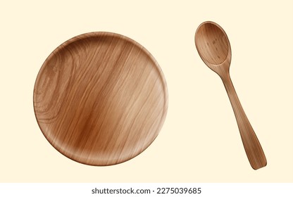 3D illustrated realistic wooden plate and spoon isolated on pale yellow background.