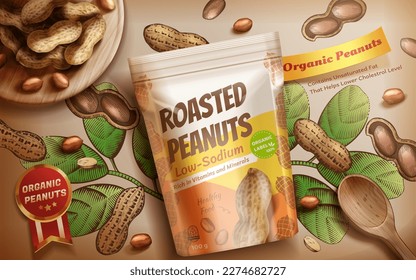 3D illustrated roasted peanuts ad. Top view of snack package, wooden spoon and bowl on light brown background with peanut plants in engraved style.