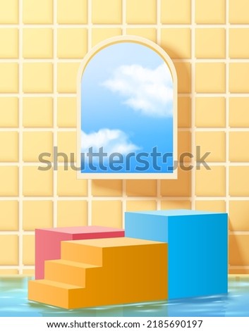 3d illustrated scene design for product display. Colorful stairs blocks in water for presentation. Arch window with sky view on yellow tile background.