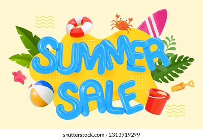 3D illustrated summer sale balloon text surrounded by summer beach vacation elements on light yellow background. svg