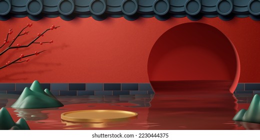 3D illustrated surreal traditional chinese wall display background. Golden platform floating on water with mountains and willow branch around. Oriental style wall with round entrance in the back.