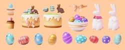 3D Illustrated Sweet Festive Easter Set Isolated On Light Orange Background. Including Painted Eggs, Porcelain Bunny, Bowl Of Eggs, Layer Cake, And Cupcake.