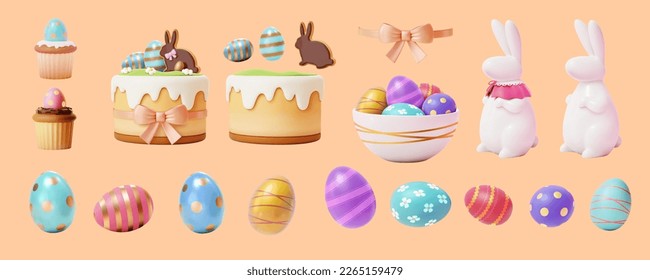 3D illustrated sweet festive Easter set isolated light orange background  Including painted eggs  porcelain bunny  bowl eggs  layer cake    cupcake 