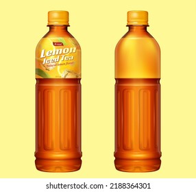 3d illustrated two bottles of lemon ice tea, one with printed label and the other one without isolated on yellow background.