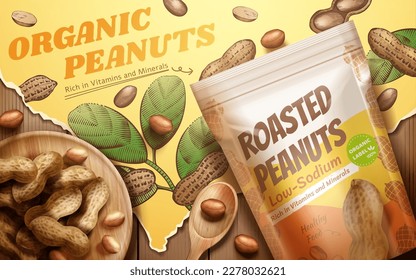 3D illustrated vintage roasted peanuts ad. Top view of zipper pouch on yellow torn paper background with peanut plants in engraved style.