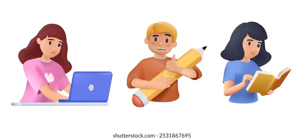 3D Illustration about education. Students holding pencils and books, working with laptop exploring and building knowledge. Vector illustrations set