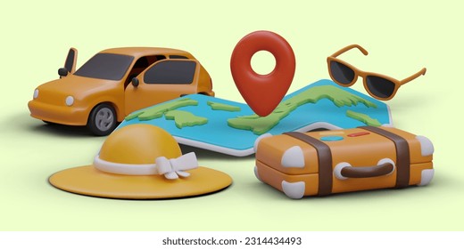 Ilustración 3D sobre viajes y descanso. Mapa del mundo, coche con puertas abiertas, accesorios de vacaciones, maleta, gafas de sol, sombrero de mujer con gran bronce. Turismo automático, viajes por carretera de diferentes países