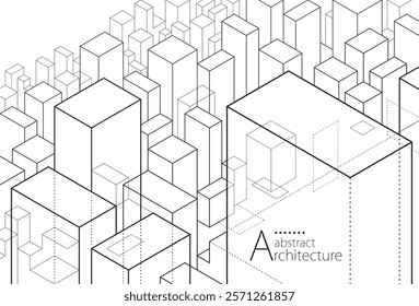 3D illustration of  abstract architectural building perspective design. Background line drawing of a modern urban building. 