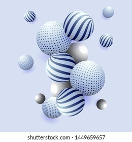 3D illustration of abstract balls or sphere decorated geometric pattern on blue background.