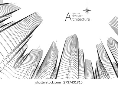 3D illustration of an abstract concept showcasing imaginative architectural perspective line drawings of buildings.

