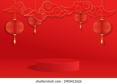 3d illustration abstract Empty podium on dark red background  circular for product minimal presentation. cosmetics stand, Chinese New Year, banner, japanese, sale, copy space