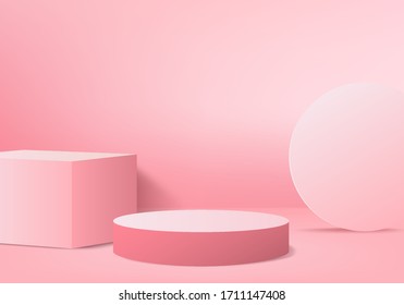 3d illustration, abstract geometric background vector, minimalistic primitive shapes, modern mock up, cylinder podium, blank template, rose white grid, empty showcase, shop display, pastel pink colors