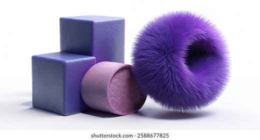 3d illustration abstract geometric fur fluffy shape render icon set. Furry ball, cylinder, ring, cube block with hair texture. Isolated purple fuzzy objects, soft children toys for education games. 