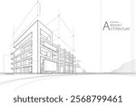 3D illustration abstract modern urban building out-line black and white drawing of imagination architecture building construction perspective design. 