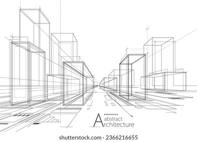 3D illustration abstract modern urban building out-line black and white drawing of imagination architecture building construction perspective design. 