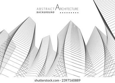 3D illustration, abstract modern urban landscape line drawing, imaginative architecture building construction perspective design.
