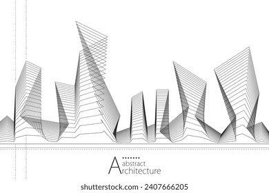 3D illustration, abstract modern urban landscape line drawing, imaginative architecture building construction perspective design.