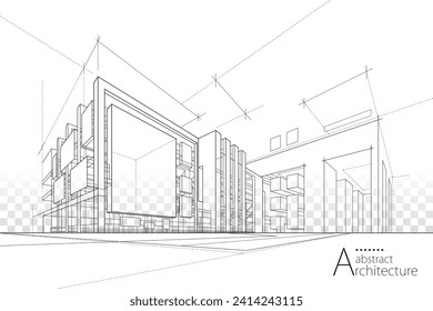 3D illustration abstract modern urban building out-line black and white drawing of imagination architecture building construction perspective design. 