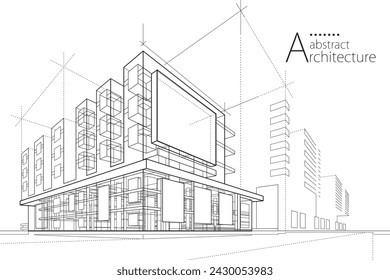 3D illustration abstract modern urban building out-line black and white drawing of imagination architecture building construction perspective design. 