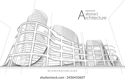 3D illustration, abstract modern urban landscape line drawing, imaginative architecture building construction perspective design.