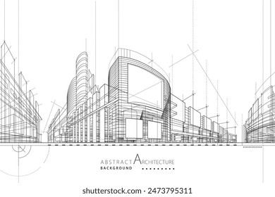 3D illustration, abstract modern urban landscape line drawing, imaginative architecture building construction perspective design.